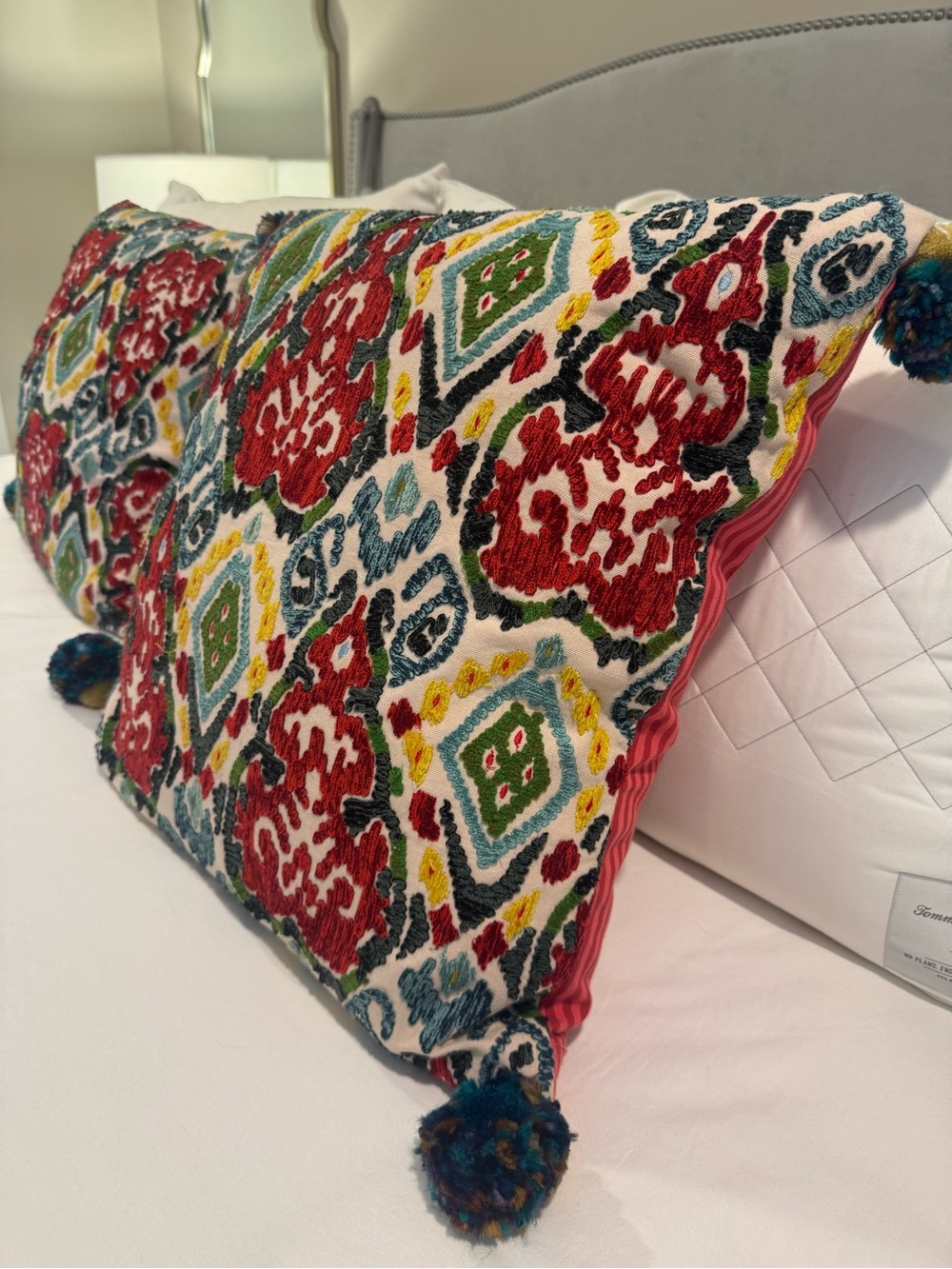 Embroidered Decorative Throw Pillow with Pom-Poms - Multi